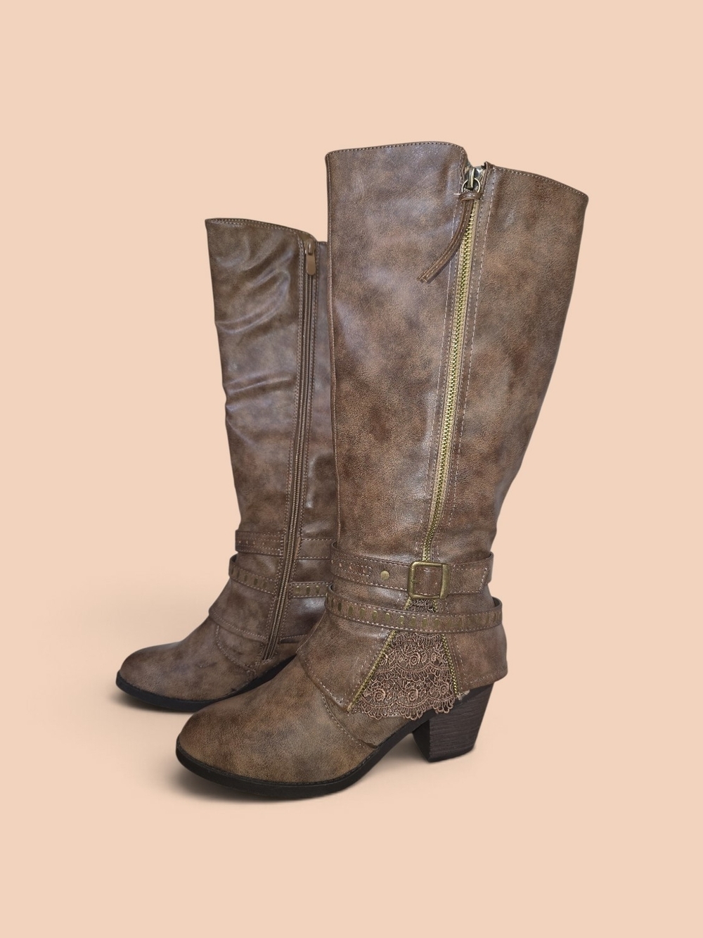 Global Win Distressed Taupe Mid-Calf Buckle Heeled Boots